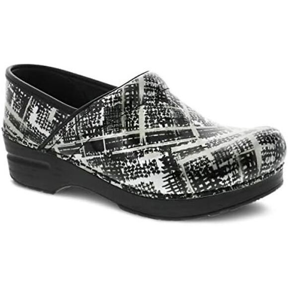 Dansko 37 7 US Black/Silver Womens Leather Block Print Professional Comfort Clog - Picture 2 of 16